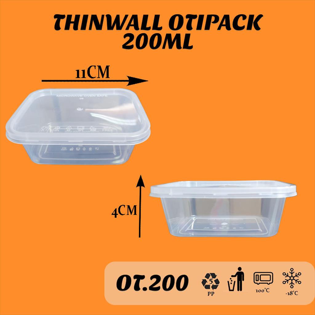 Thinwall / Otipack / Kotak Makan PERSEGI PANJANG 200ml + tutup /wadah plastik box tahan freezer dan microwave oven OT200