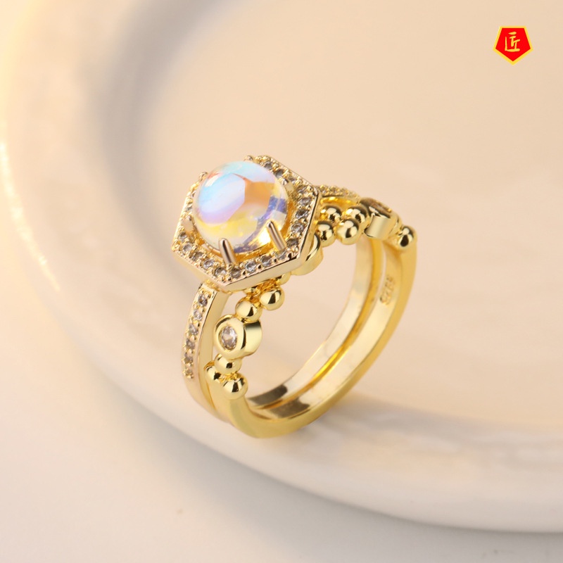 [Ready Stock]Inlaid Moonstone Ring 925 Silver Simple All-Match
