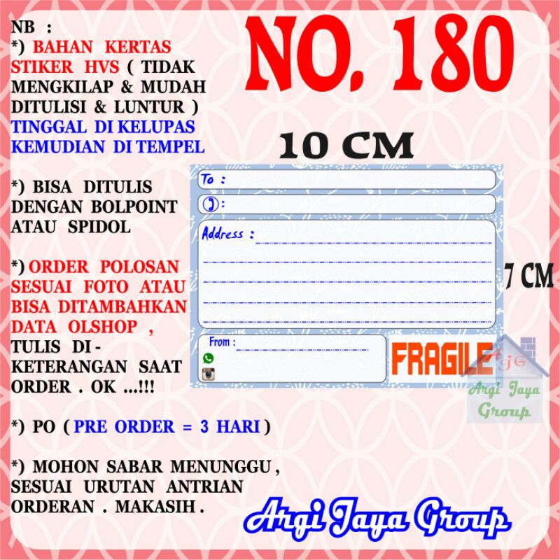 

Stiker HVS - Stiker Pengiriman - Sticker Alamat Olshop Murah Nomer 180-10x7cm