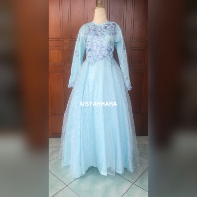 Gaun Dress Frozen Organza Dot Real Picture
