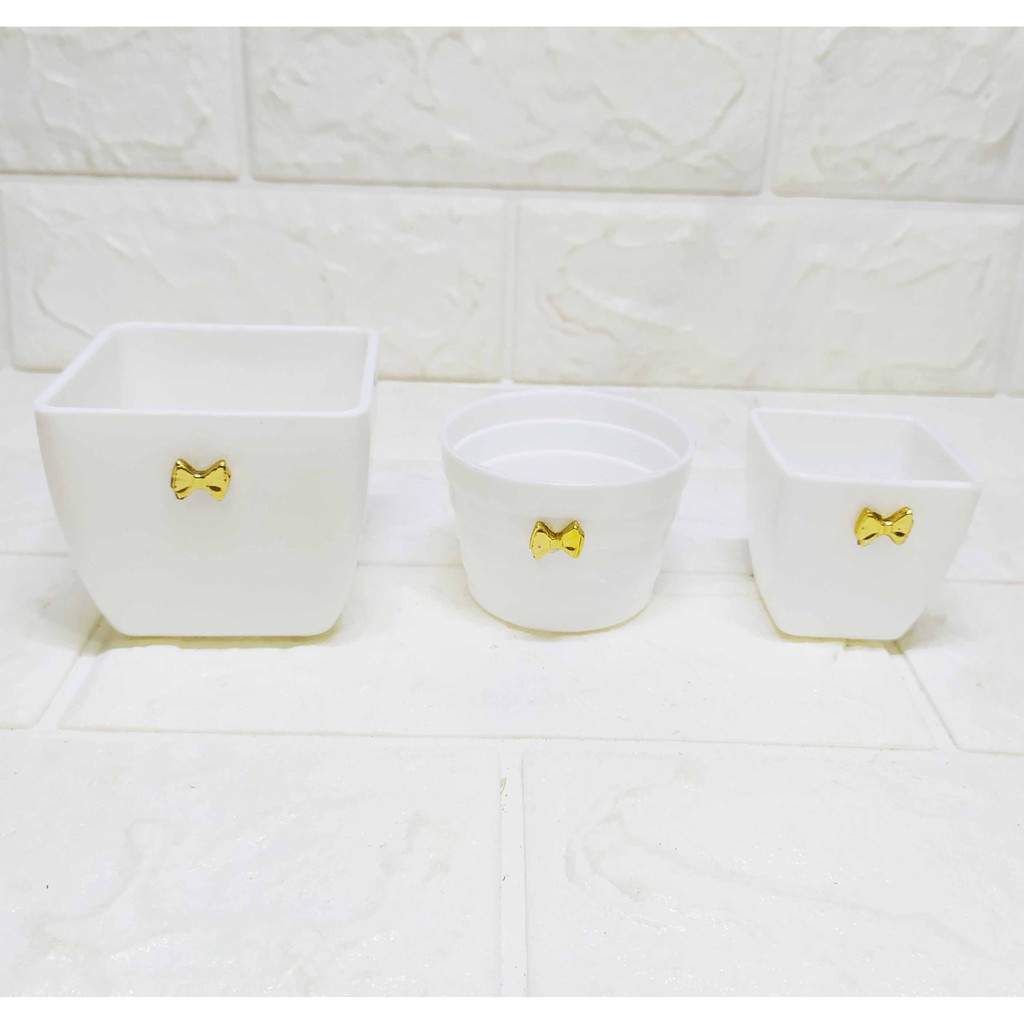 Pot Mini Putih Pita bow mini emas - Pot Mini Imut cantik