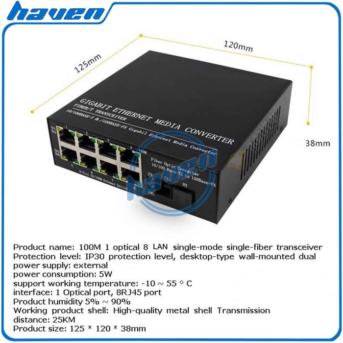 FIBER OPTIC MEDIA CONVERTER ETHERNET 1 FO 8 LAN RJ45 PORT 10/100BASE