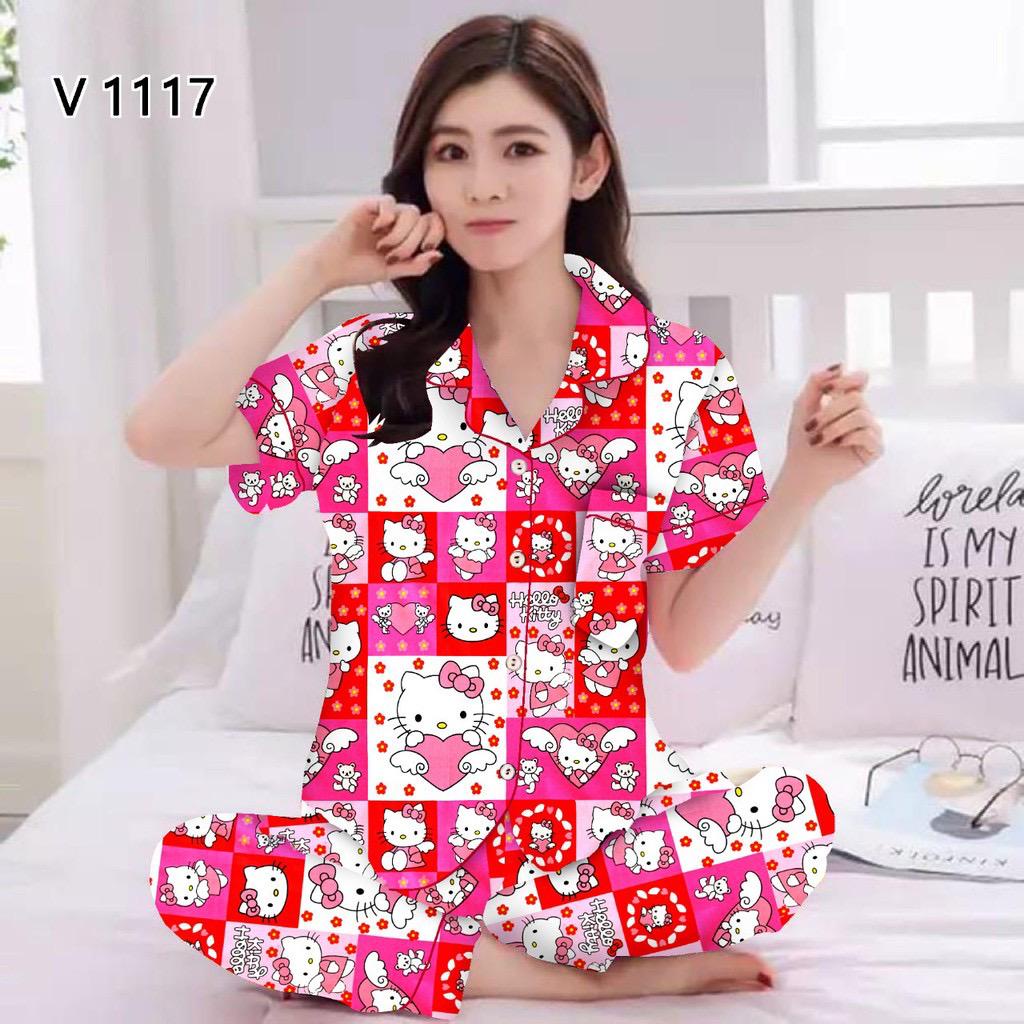 BAJU TIDUR WANITA/PIYAMA WANITA CANTIK BAHAN KATUN MOTIF PALM LEAF CP/PP