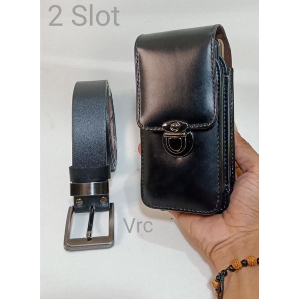 Dompet Hp Pinggang 2 Slot + Sabuk Pinggang Kulit Sapi asli