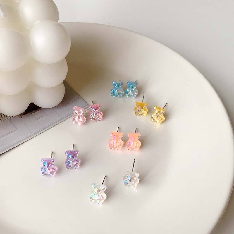 1 Pasang Anting Stud Desain Kartun Beruang Warna-Warni Permen Bahan Resin Untuk Anak Perempuan