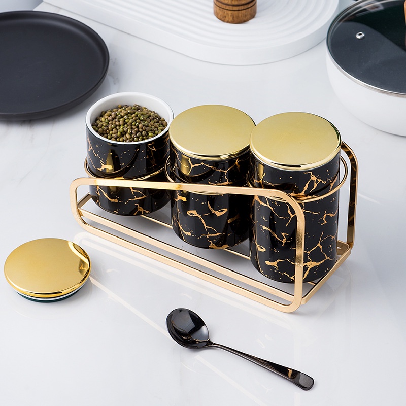 Mi.more Snack Jar Set Dengan Panjang/Trapesium Gold Rak Puith Hitam/ Toples Makanan Cemilan Gold Mewah Motif Marble Marbel