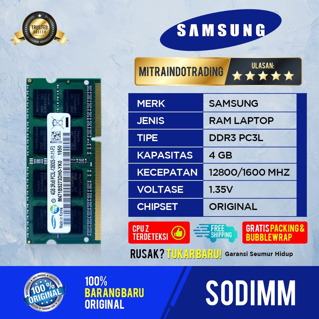 RAM SAMSUNG SODIMM DDR3L 4GB PC12800 BERGARANSI