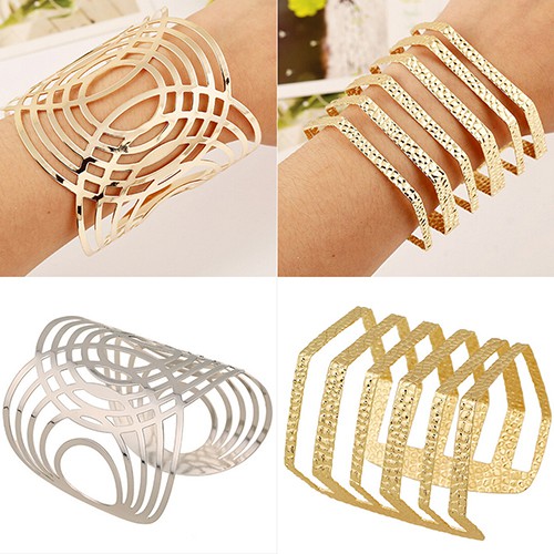 Terlaris Fashion Gelang Unisex Model Bangle Cuff Balut Motif Geometris Warna Emas Perak