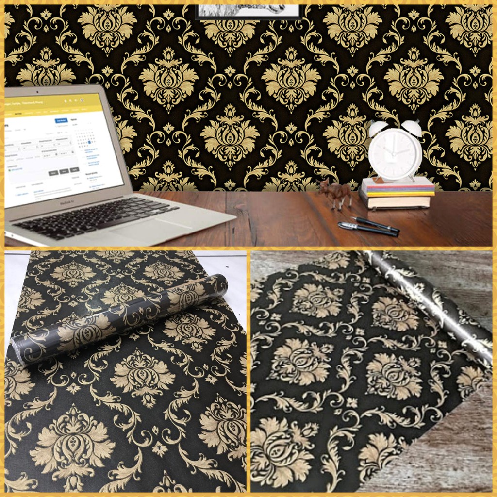 Wallpaper Dinding Motif Batik Hitam Gold Ukuran Panjang 10Meter x Lebar 45Cm