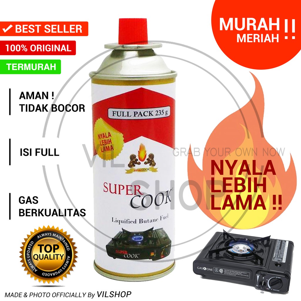 GAS KALENG SUPERCOOK BAGUS 235 GR LIQUIFIED BUTANE FUEL / GAS KOMPOR PORTABLE CAMPING KOREAN BBQ BAR