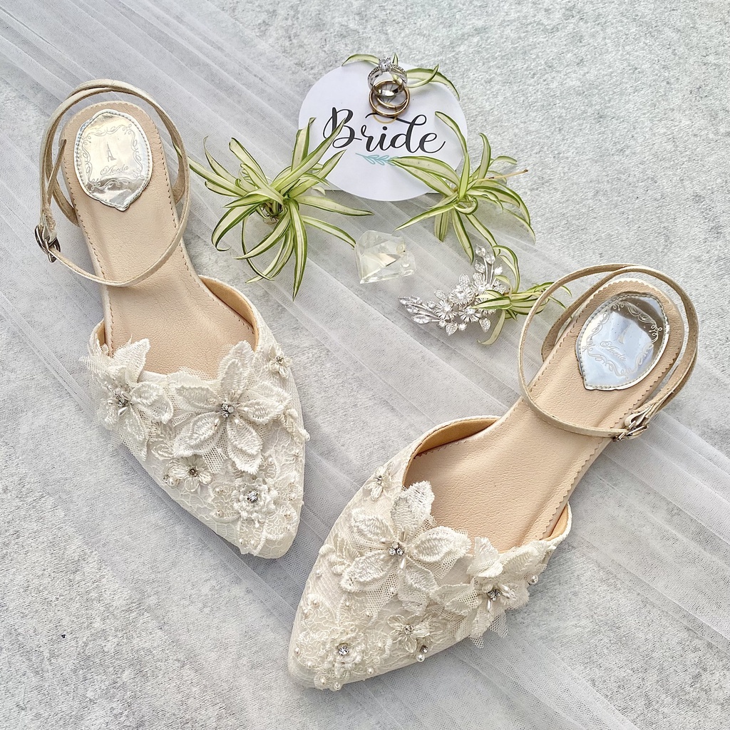 Ivory White Sandal Sepatu Wedding Wanita Flats Block Heel AVEDA 6321