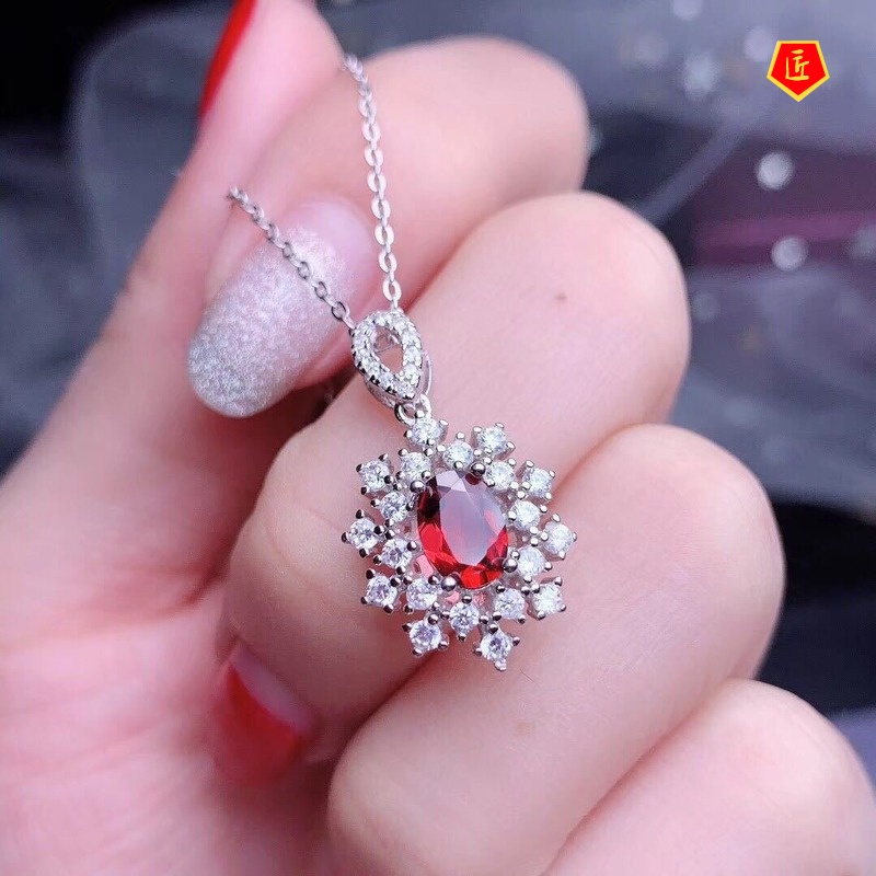 [Ready Stock]Moissanite Garnet Necklace Open Rings Ear Studs Suit