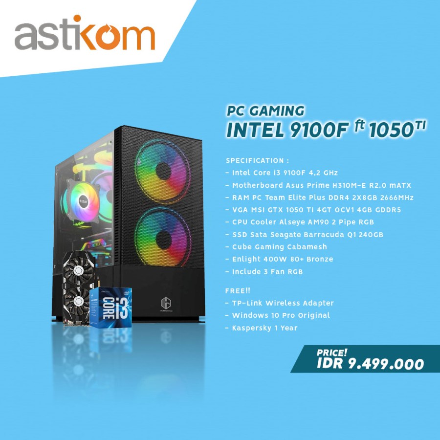 Paket PC Gaming Intel i3 9100f ft 1050 TI Komputer Gaming