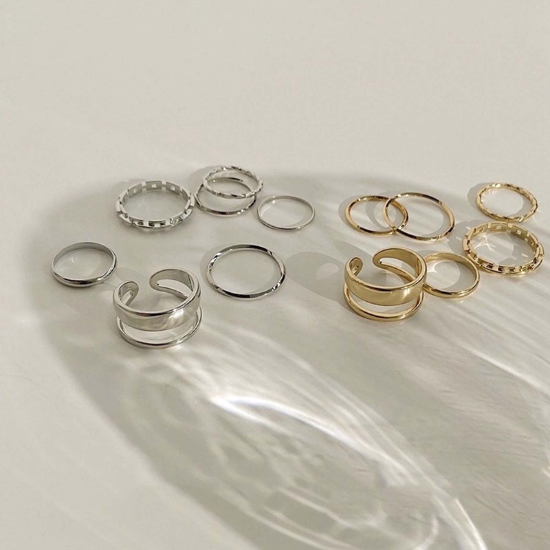 Fancyqube 7pcs / Set Cincin Model Hollow Bulat Terbuka Bahan Metal Untuk Wanita