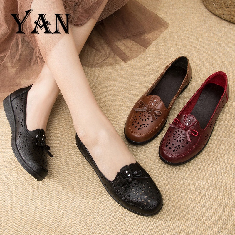 YAN Sepatu Flat Shoes Wanita Kulit Sepatu Slip On Terbaru Sepatu Kantor Nyaman Bernapas