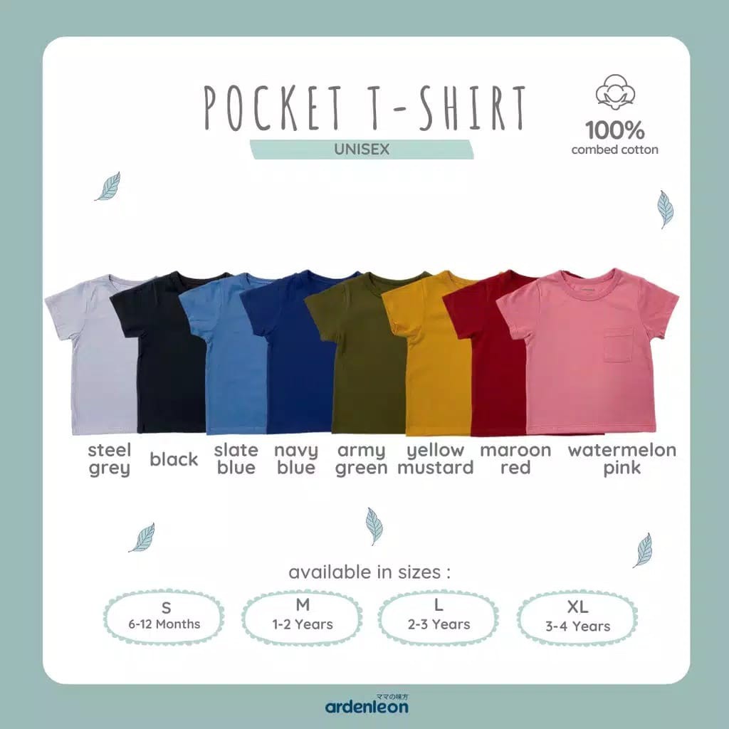 ARDENLEON Pocket T-Shirt Baju Bayi Oblong Anak Unisex 6 Bulan - 4 Tahun