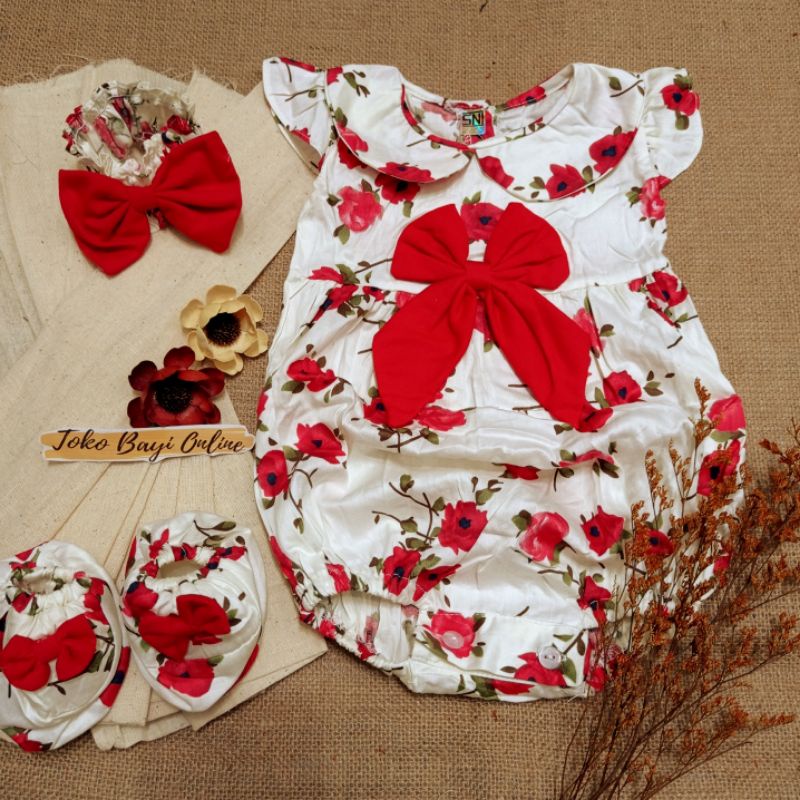 Baju jumper 0 6 bulan bando lucu bestseller anak bayi cewek perempuan murah-Mawar crem