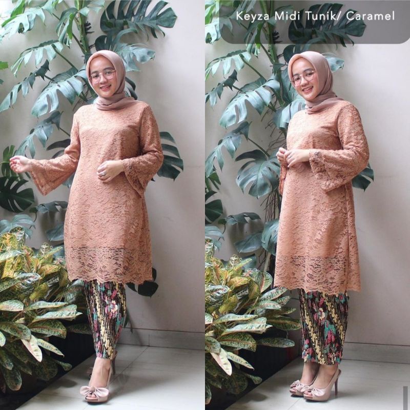 IndahKebaya | SET KEBAYA KEYZA MIDI TUNIK / KEBAYA BROKAT MIX ROK PLISKET JUMBO / MOCCA NAVY MAROON