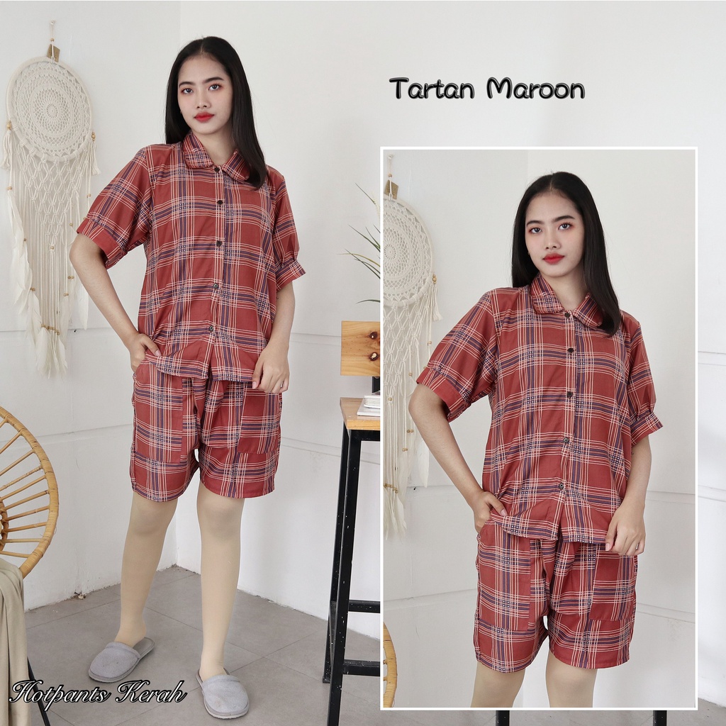 IZANY Piyama Dewasa Hotpant Lengan Balon / HP / Set Celana Pendek Dewasa banyak varian RAYON-TARTAN MAROON RA
