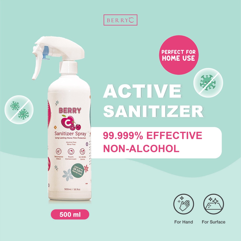 BerryC Active Sanitizer Spray 500ml Natural Food Grade Hand Antiseptik Non Alcohol Alkohol Aman untuk Bayi Anak Dewasa COVID19 HFMD Alat Makan Travel Size Refill Malaysia Halal Proteksi Protection Perlindungan Aktif Coronavirus Organik Harum Sensitif Skin