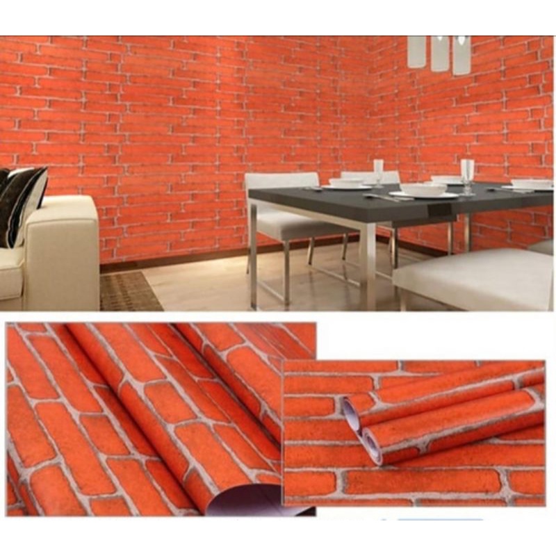 Bayar Ditempat Wallpaper Sticker Dinding GH076 Ukuran 8-9 Meter Motif Bata Orange
