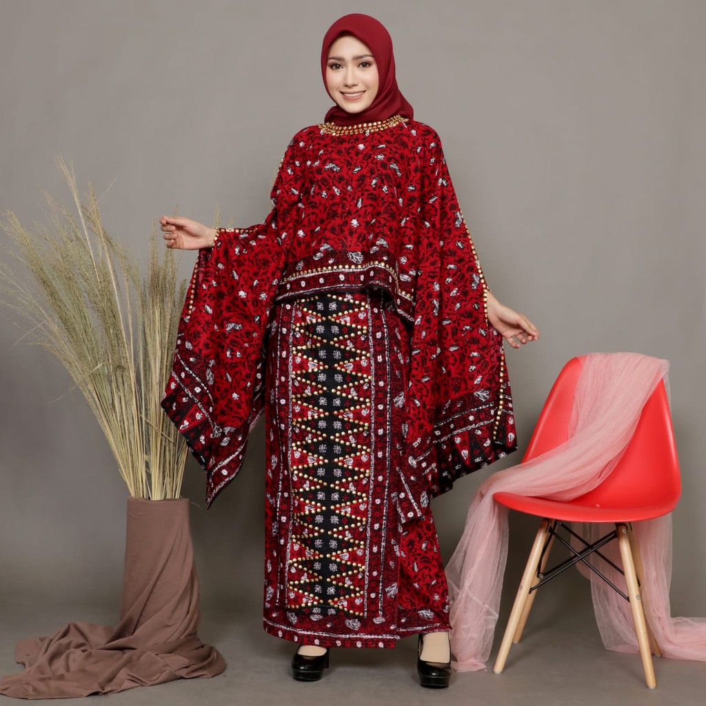  SETELAN  SOIMAH MERAH MAWAR BATIK MOTIF SONGKET  PALEMBANG  