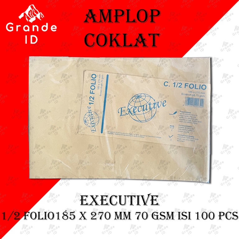 

AMPLOP COKLAT 1/2 FOLIO EXECUTIVE 185 X 270 MM 70 GSM ISI 100 LEMBAR