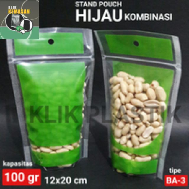 PLASTIK KLIP HIJAU KOMBINASI 100GR/STANDING POUCH/KEMASAN KOPI SNACK