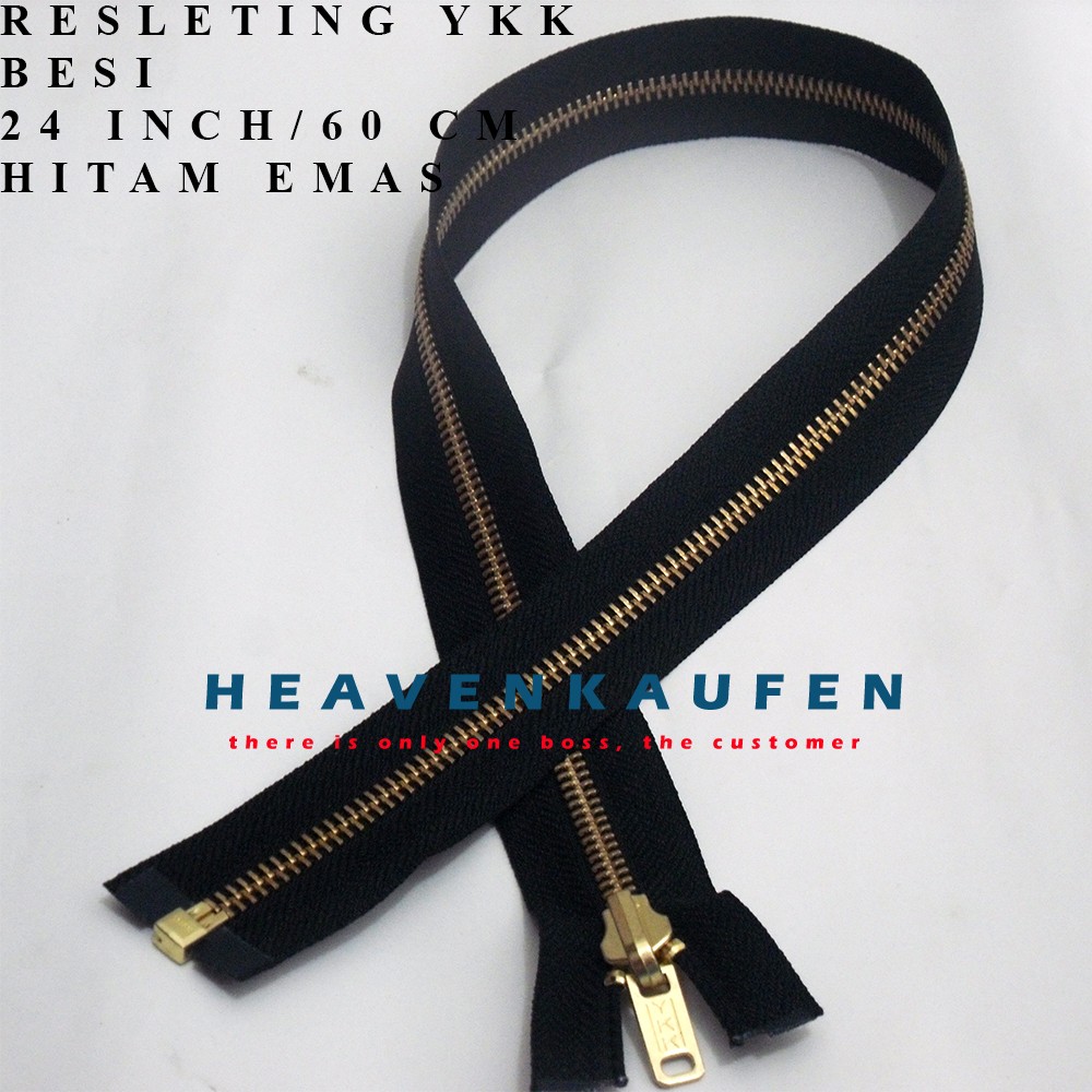 Resleting YKK 60 cm Gigi Besi Emas/Gold Daun Hitam