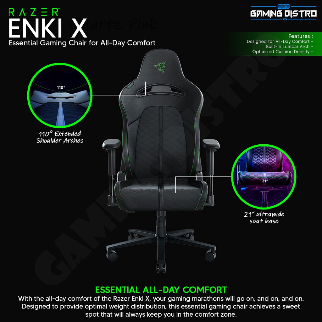 Razer Enki X Kursi Gaming - Hitam/Hijau, Edward Gaming Edition, Sanrio, Pikachu, Eevee, Hello Kitty and Friends, Kuromi Edition