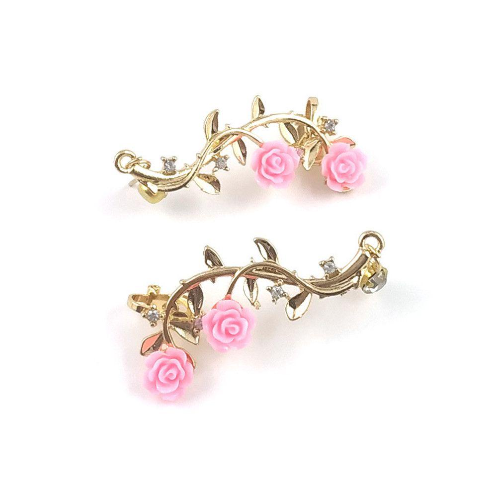 R-flower Ear Stud Princesas Boucle Pendientes Gold Pink Bungkus Klip Anting