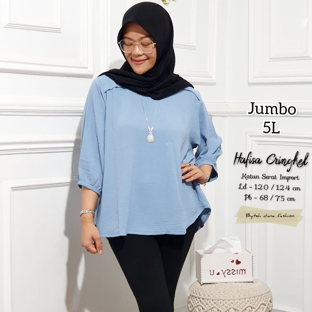 Atasan Wanita Jumbo / Baju Atasan Wanita Jumbo / Blouse Wanita Jumbo Import Hafisa Crinkle Polos Import Ld 124-6
