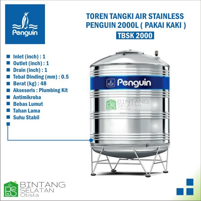 TOREN TANGKI AIR SS PENGUIN 2000L TBSK 2000 ( PAKAI KAKI)