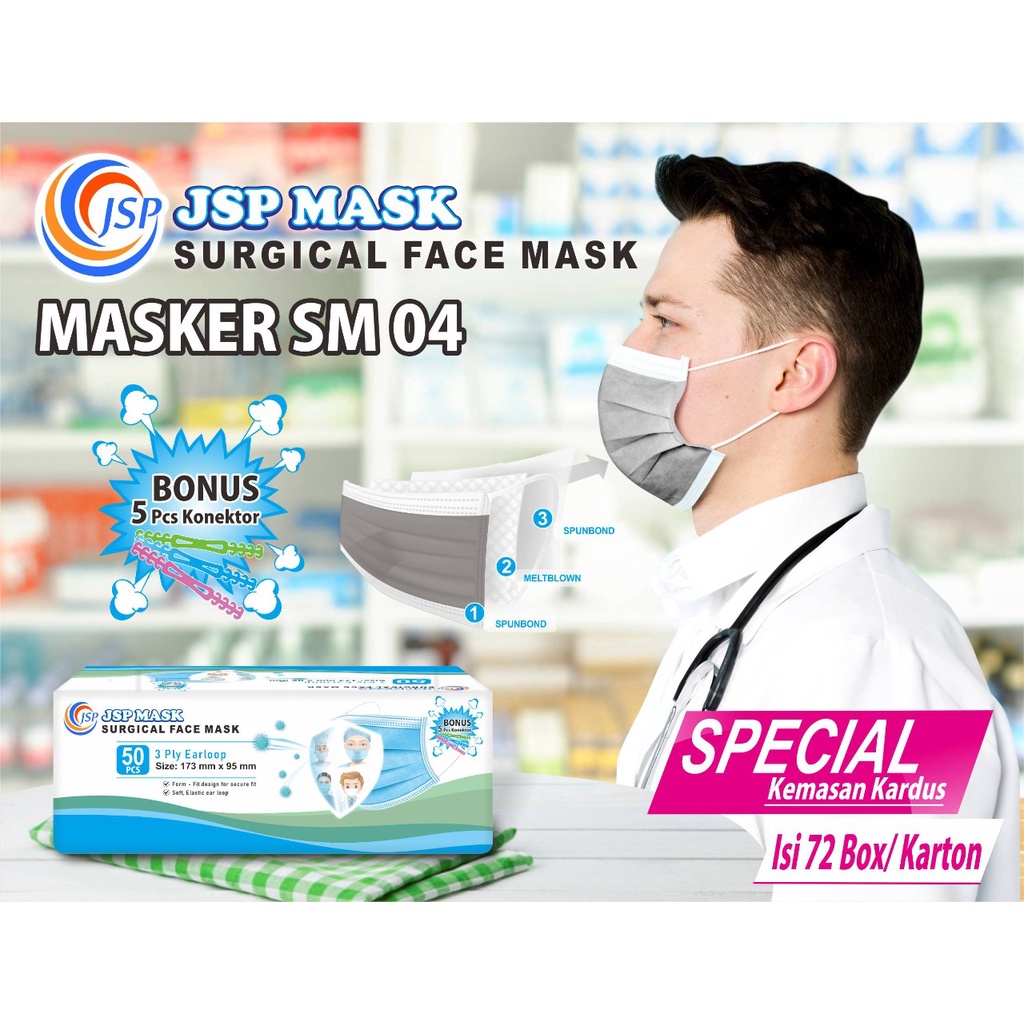 (BISA COD) Masker 3PLY isi 50 PC FREE 5 KONEKTOR  masker medis KEMENKES surgical JSP mask SM04