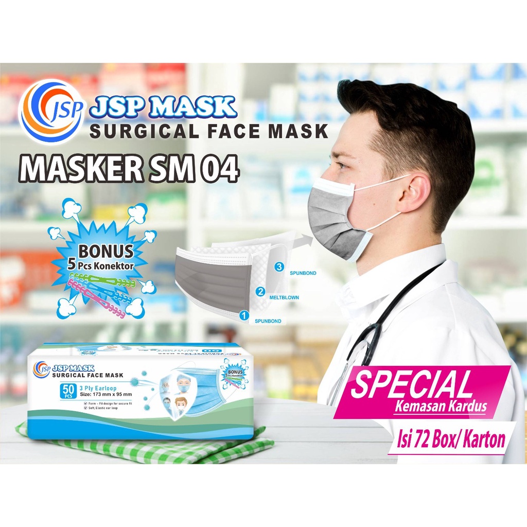 (BISA COD) Masker Medis Medis JSP/ Masker Medis Isi 50 Pcs Free 10 Konektor 04