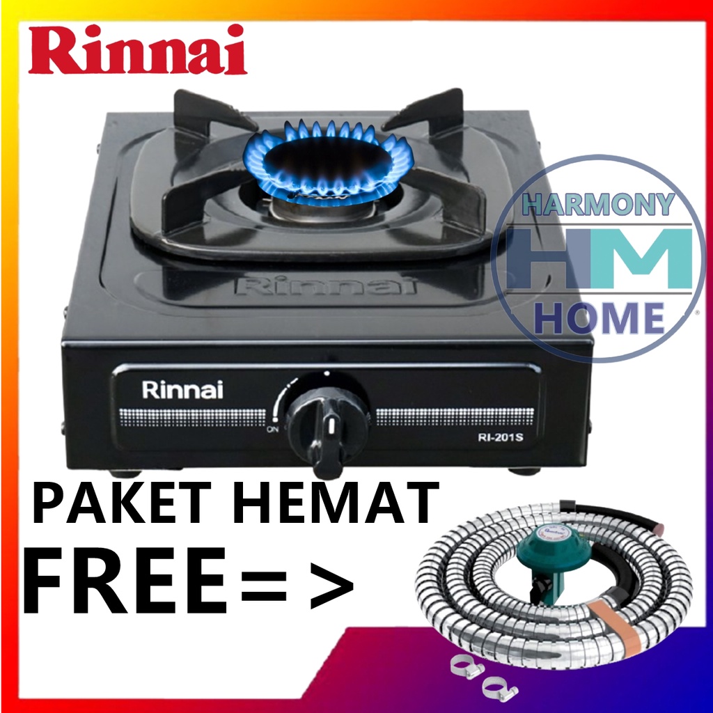 Rinnai Kompor Gas 1 Tungku RI201s+Selang Regulator SNI Premium Kompor Gas Rinnai Api Biru Sun Burner