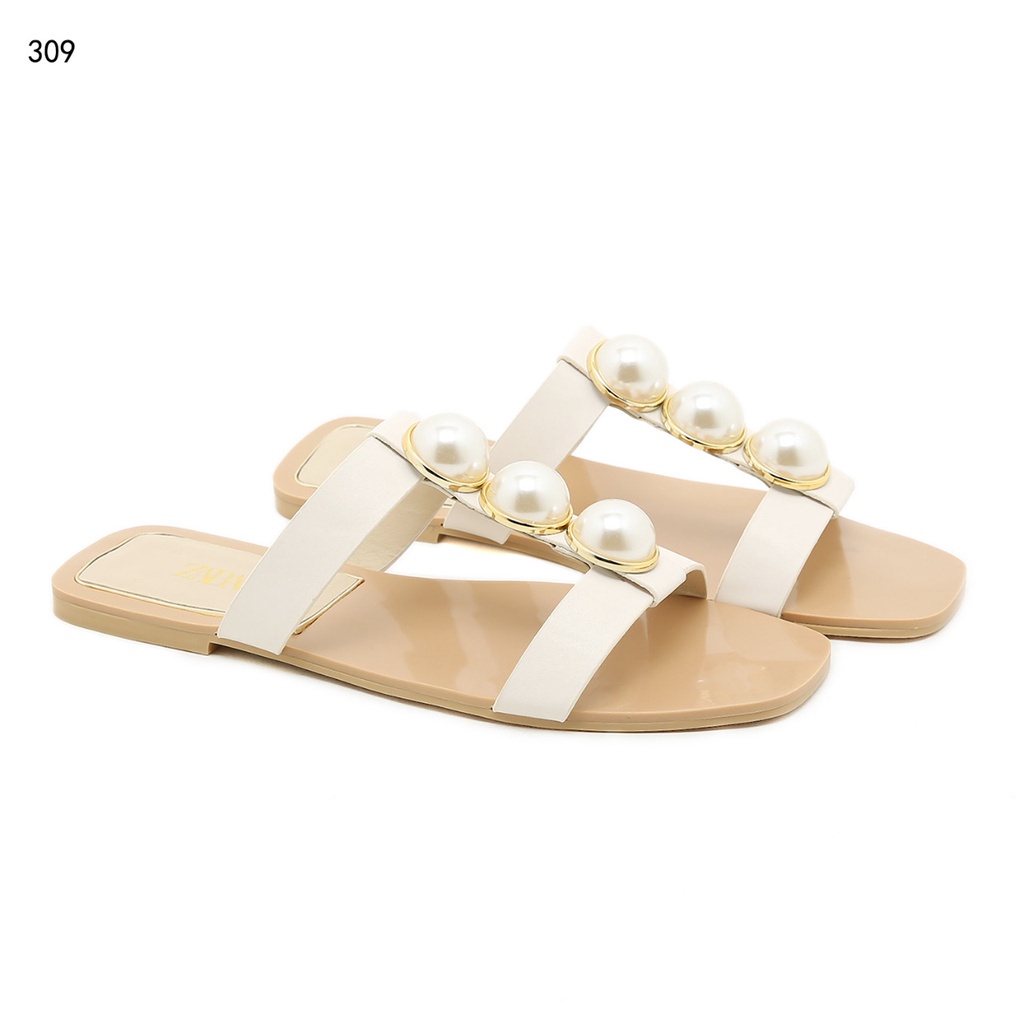 ZR Strappy Flat  Leather Sandals With Faux Pearls #309