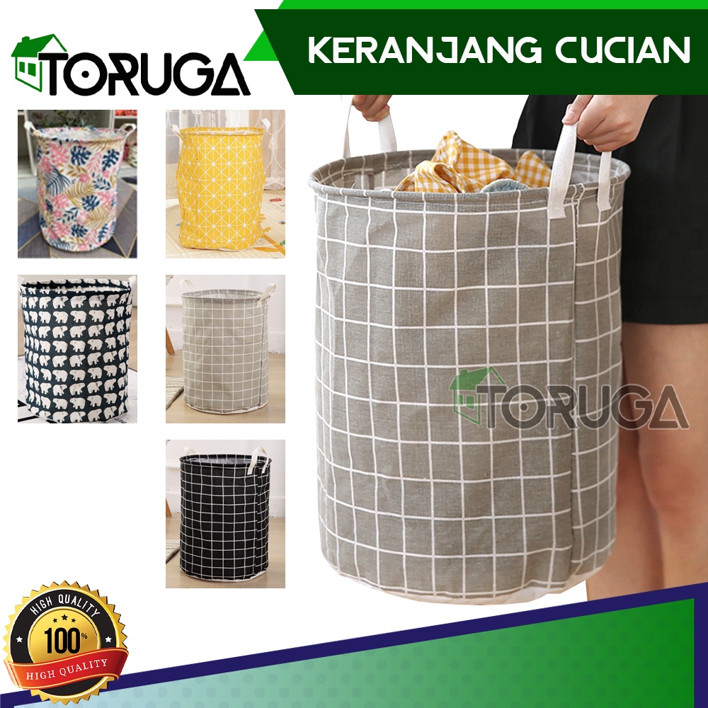 Laundry Bag Keranjang Cucian Baju Tempat Pakaian Kotor Motif Kanvas Besar 45x41Cm