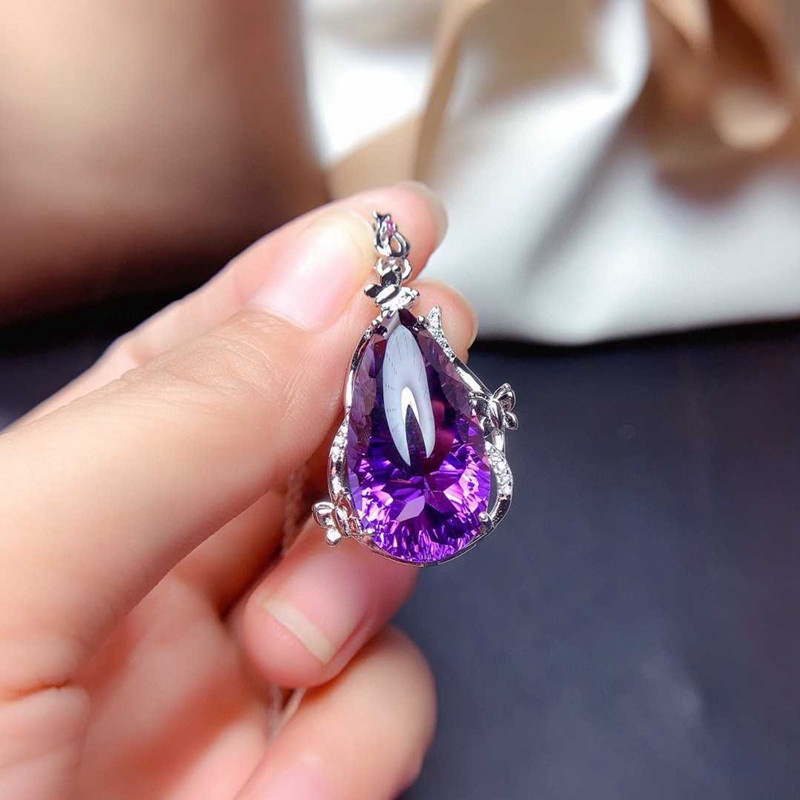 Kalung Rantai Liontin Geometri Hias Kristal Cubic Zirconia Ungu Ala Eropaamerika Untuk Wanita