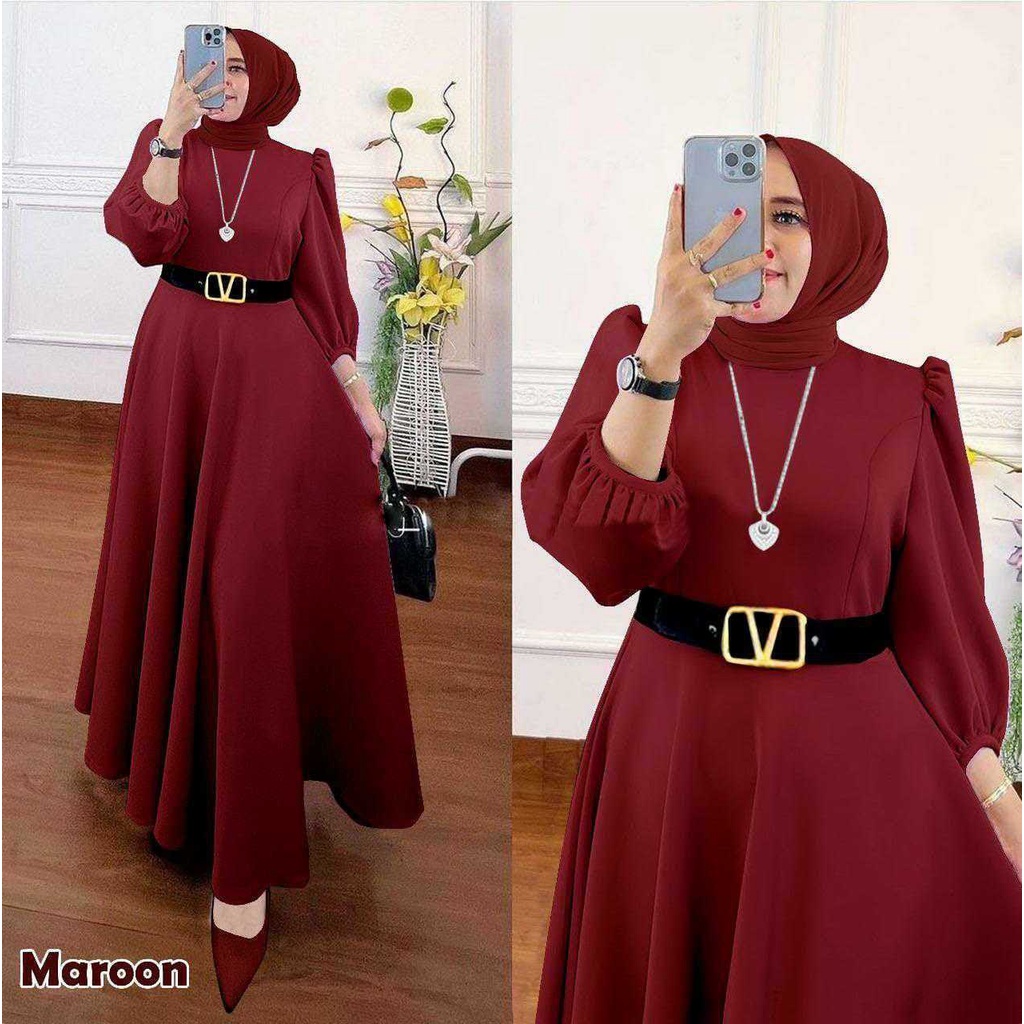 HOPYLOVY Gamis Wanita Maxi Dress Safira Bahan Scuba Premium FREE Belt V