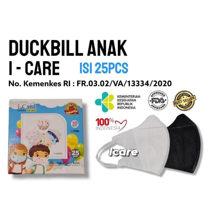 READY MASKER DUCKBILL ANAK ICARE HITAM PUTIH DUCKBILL ANAK POLOS HITAM PUTIH ISI 25 LBR