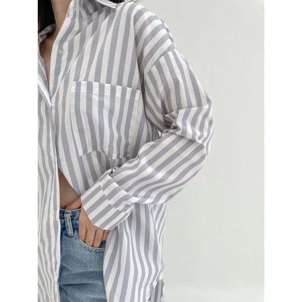 ASOKA Kemeja Stripe Salur - Atasan Wanita Lengan Panjang - Kemeja Katun