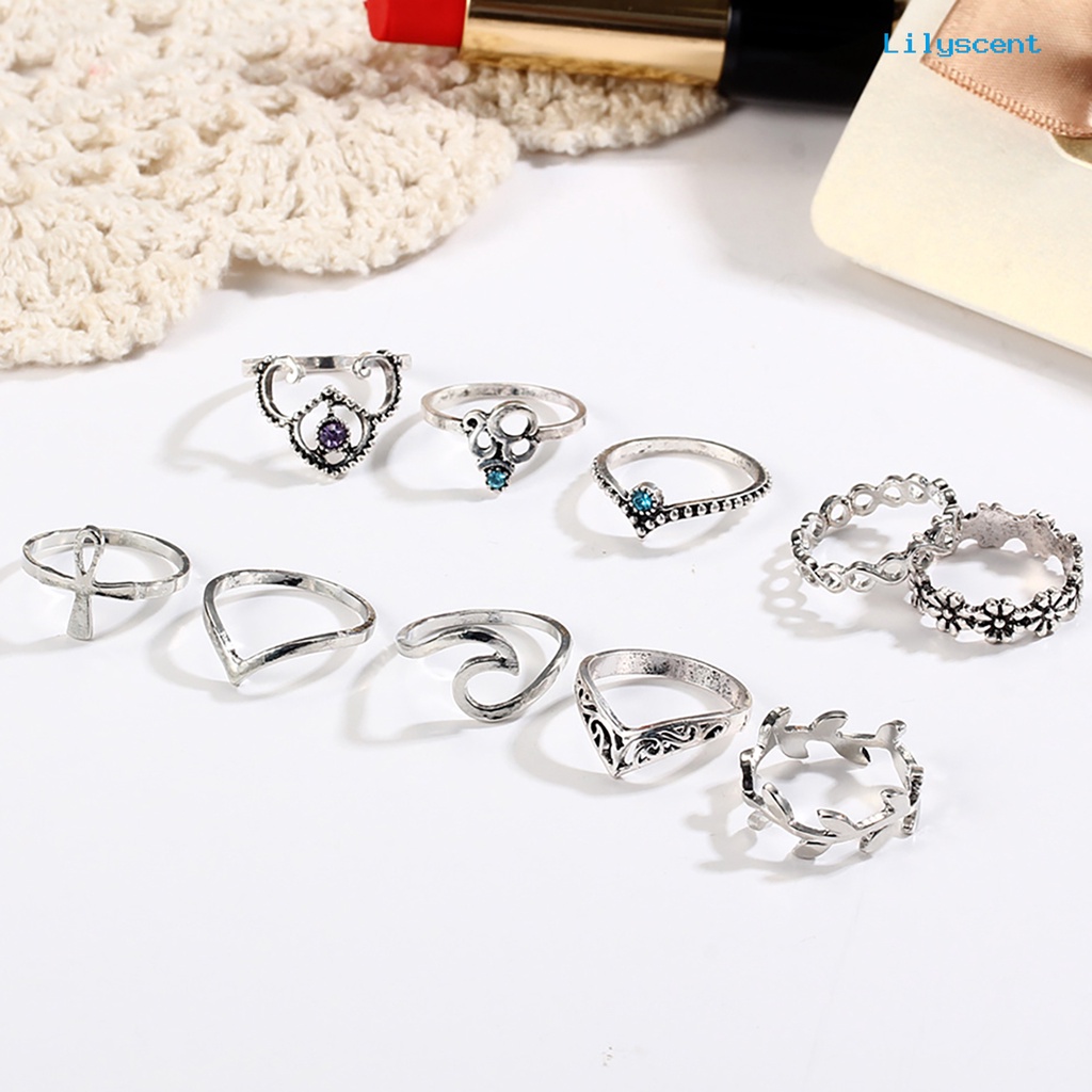 10pcs Cincin Knuckle Bentuk V Motif Bunga Gaya Vintage Untuk Wanita