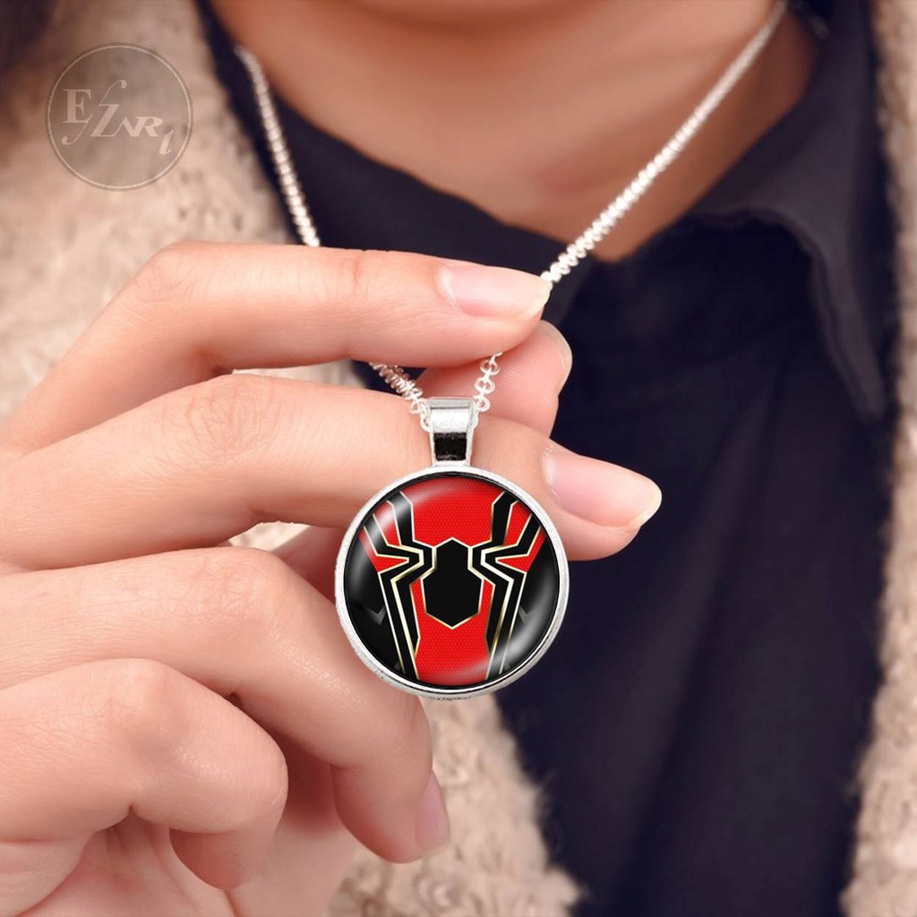 KALUNG SPIDERMAN SUPER HERO MARVEL SPIDER MAN LIONTIN KACA BULAT CEMBUNG TALI KULIT RANTAI STAINLESS STEEL