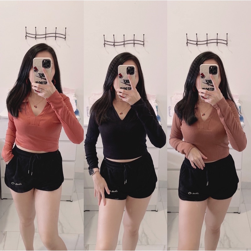 Croptop kerah lengan panjang | Knit Collar Long Sleeve VNeck Blouse | Baju Lengan Panjang Wanita | atasan kerah korean fashion wanita | aquarius boutique89 grosir