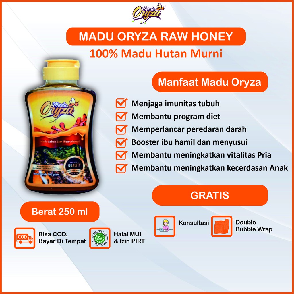 Madu Oryza Raw Honey Murni Asli Original 100% Premium Lebah Hutan Flora Liar 250 ml