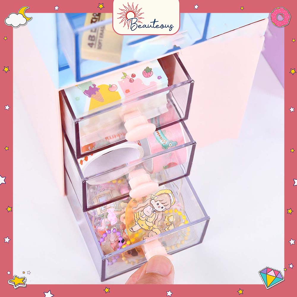 Kotak Laci Mini Tempat Make Up Storage Tempat Pensil Stackable Mini Serbaguna Free Sticker