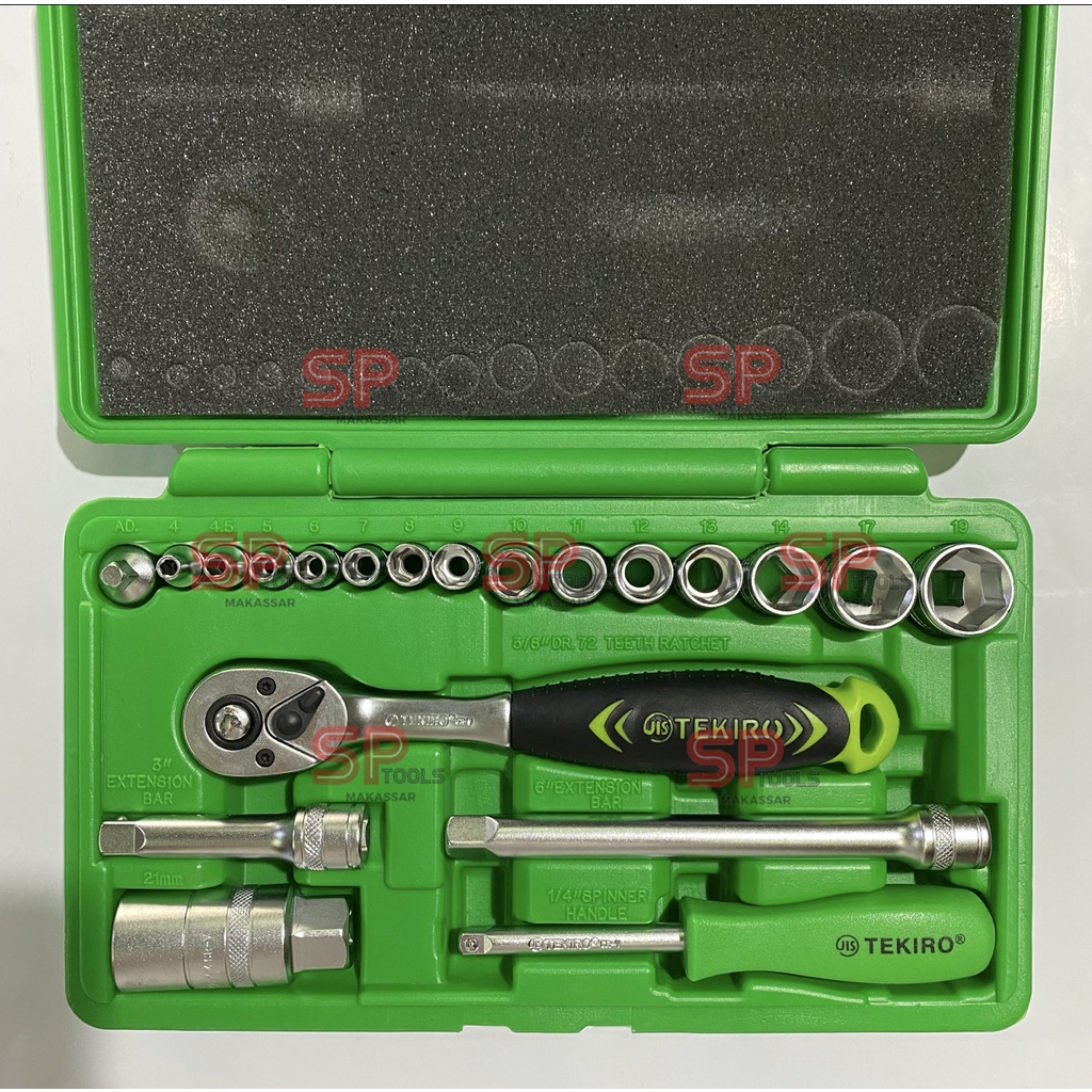 KUNCI SOCK / SHOCK SOCKET SET 21PCS TEKIRO 1/4"-3/8" UKURAN 4-19 MM 6 PT
