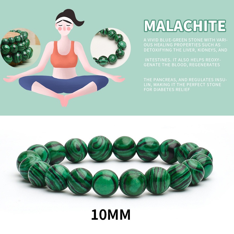 Gelang Manik-Manik Batu Malachite Pereda Stress Ukuran 10mm Adjustable Untuk Unisex