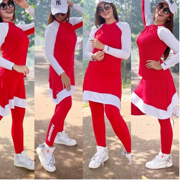 Limited - Baju Senam Atasan Aquatic dan Legging Rok Nahrasport Merah Putih / Baju Olahraga Setelan L